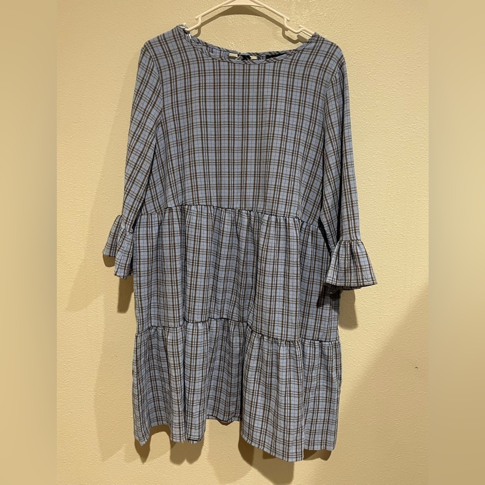 QED London Blue Plaid Long Sleeve Dress